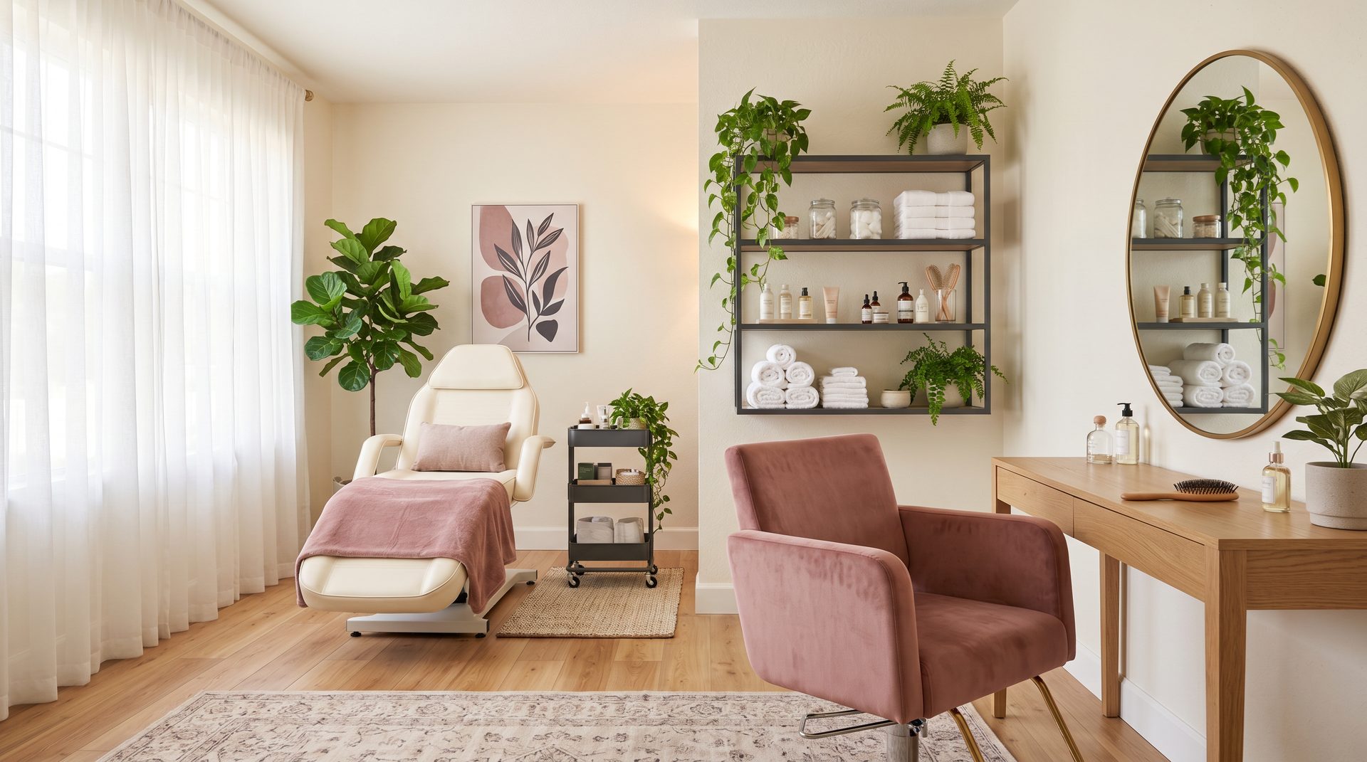 Serene Beyond Beauty salon interior with plush chair, round mirror and dusty rose accents