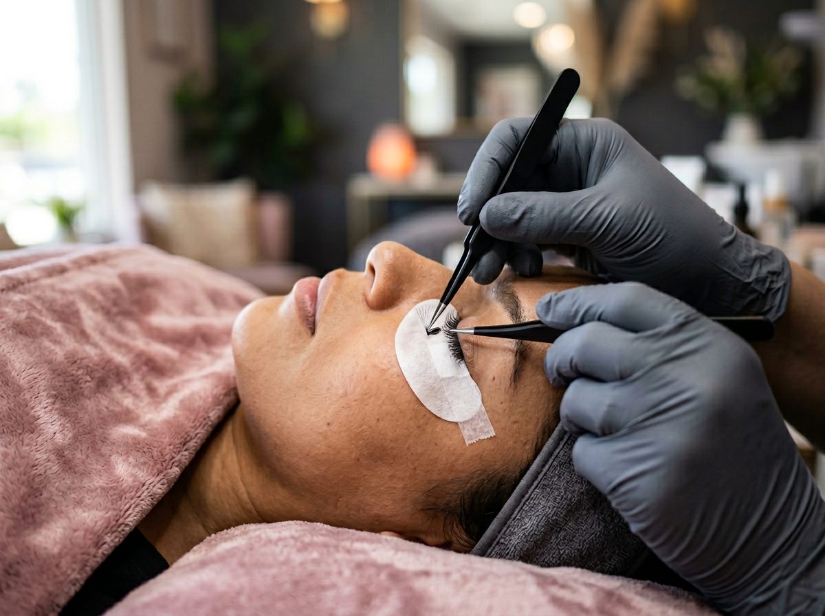 Lash extension application in progress at Beyond Beauty